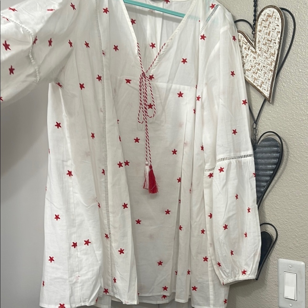 White and Red Long Sleeve Tie Front Blouse - Picture 6 of 12